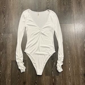 Free People Intimately Cozy Up with Me Bodysuit Deep V Ribbed Ruched Arm White L